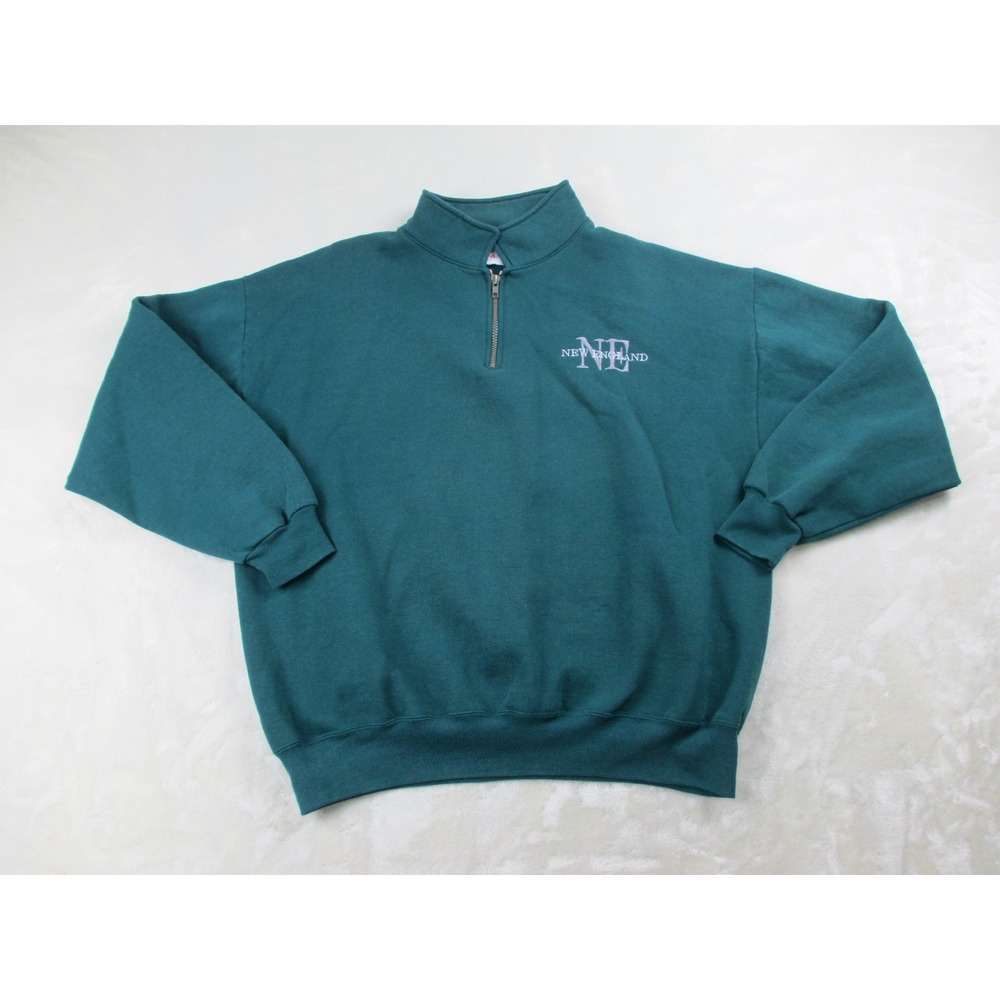 VINTAGE JERZEES Sweater Mens Extra Large Green New England Logo 1/4 Zip USA 90s*